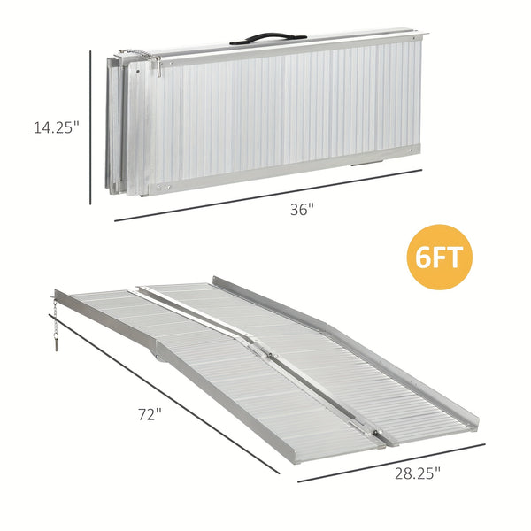 व्हीलचेयर रैंप 6 फीट, फोल्डेबल एल्यूमीनियम थ्रेशोल्ड रैंप के साथ गैर-स्लिप सतह और हैंडल, 600lbs वजन क्षमता, डोरवे कर्ब के लिए और 2 चरणों तक