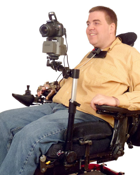 Camera Motorized Pan & Tilt Tripod Head on Robo Arm Wheelchair Mount