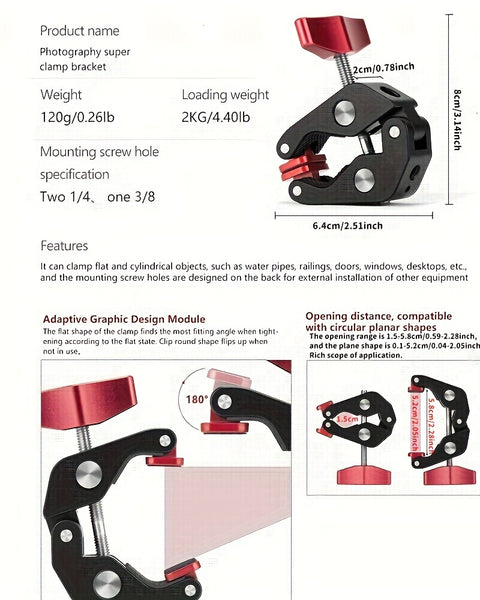 Friction Arm Mount - 8 Joint 5 Section Aluminum, Multi-functional, & Rotatable + Aluminum Super Clamp