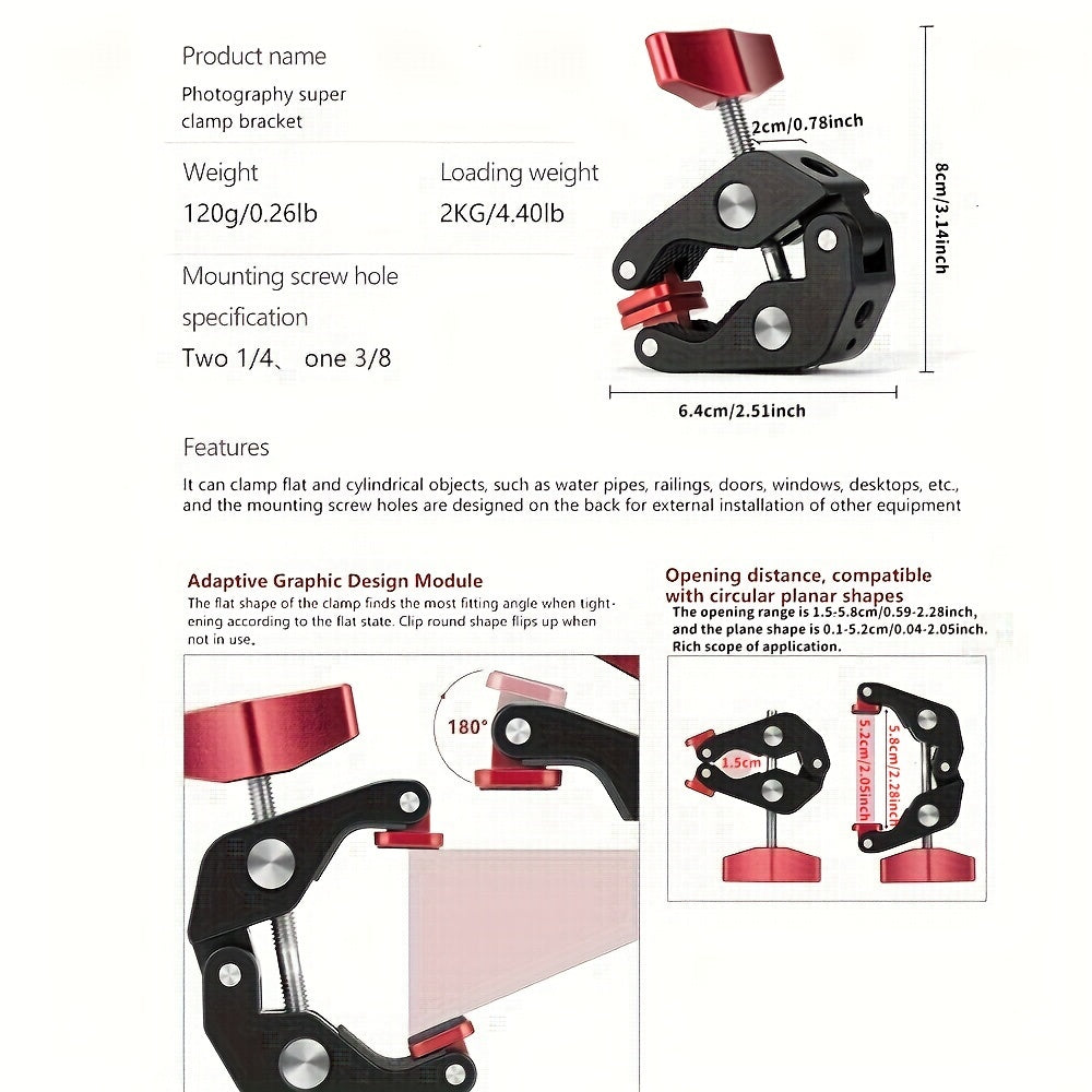 Support du bras de friction - 8 Joint 5 Section en aluminium, multifonctionnel et rotatif + super pince en aluminium