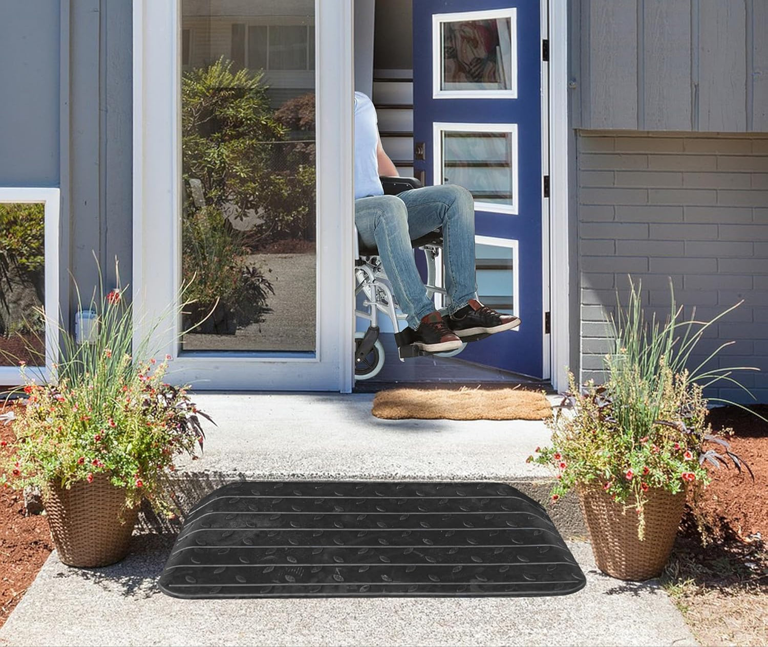 3 inch, 3.5 inch, or 4 inch rubber threshold ramp By front entrance single step example