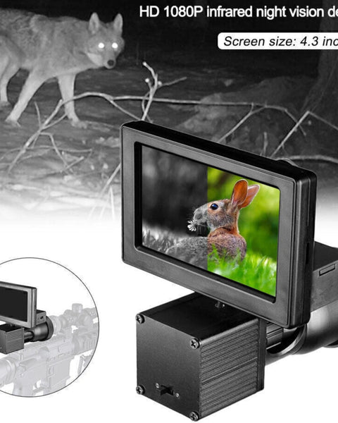 Infrared night vision device displaying a rabbit and wolf with screen size 4.3 inches.