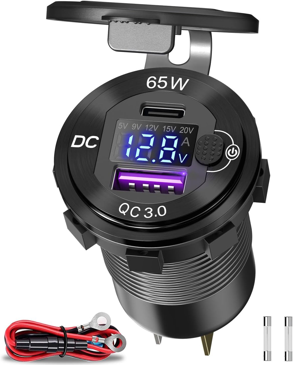 Aluminum 12V USB-C Laptop Charger Socket with 65W PD USB-C, 18W QC3.0