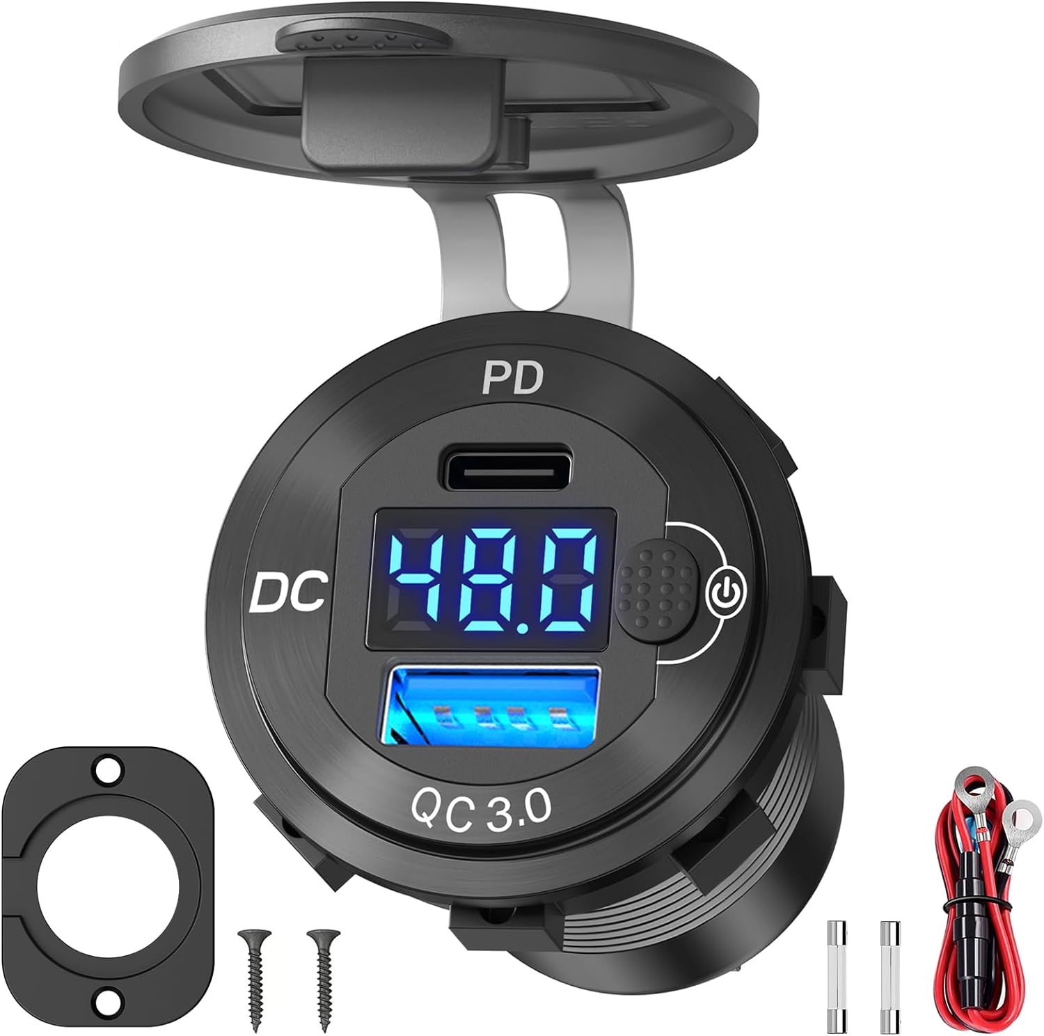 A black DC-Direct wall outlet with a digital display showing voltage, featuring USB-C PD 3.0 and QC 3.