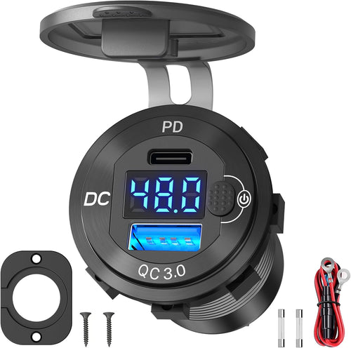 A black DC-Direct wall outlet with a digital display showing voltage, featuring USB-C PD 3.0 and QC 3.