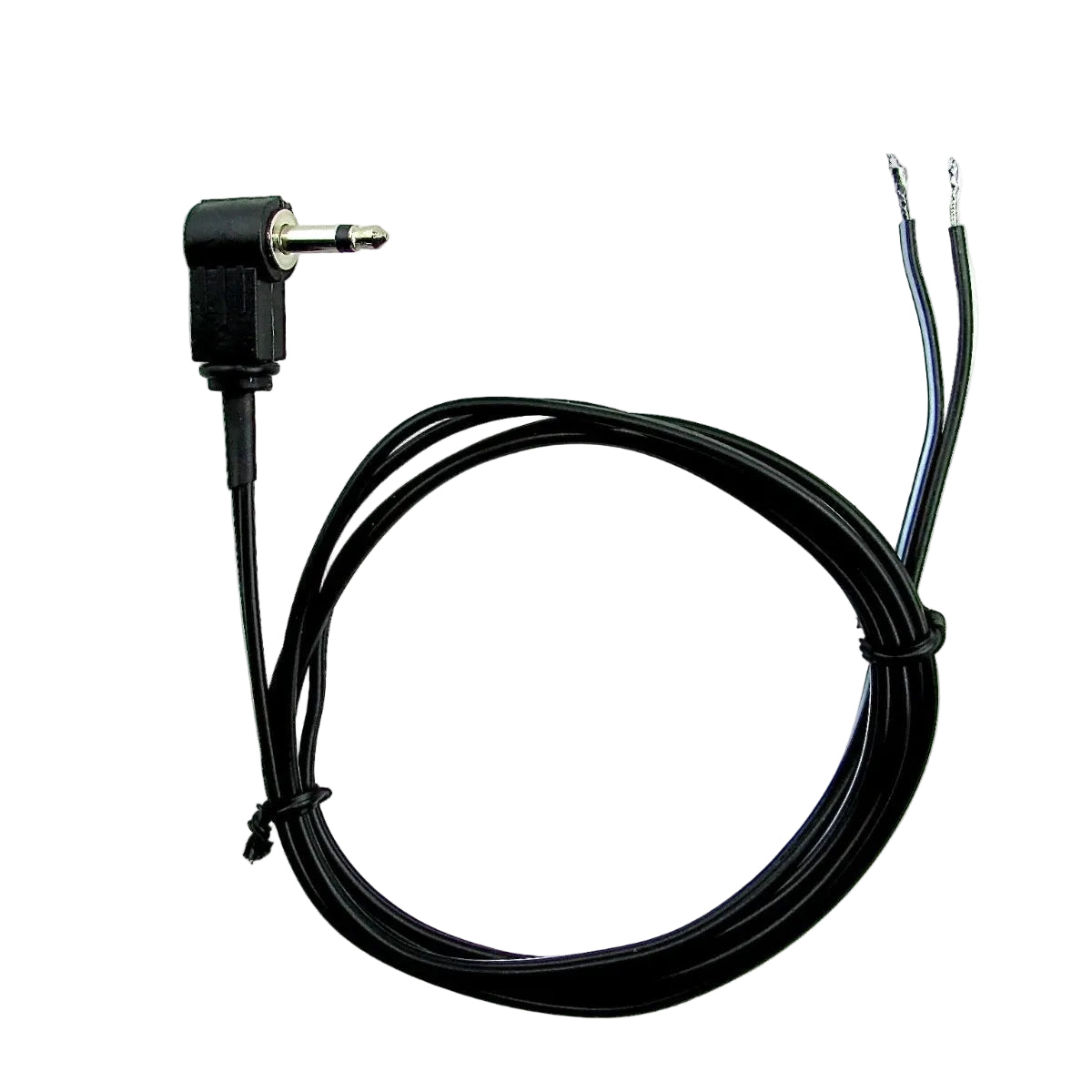 Black 20awg cable with a 90 degree right angle plug on a white background