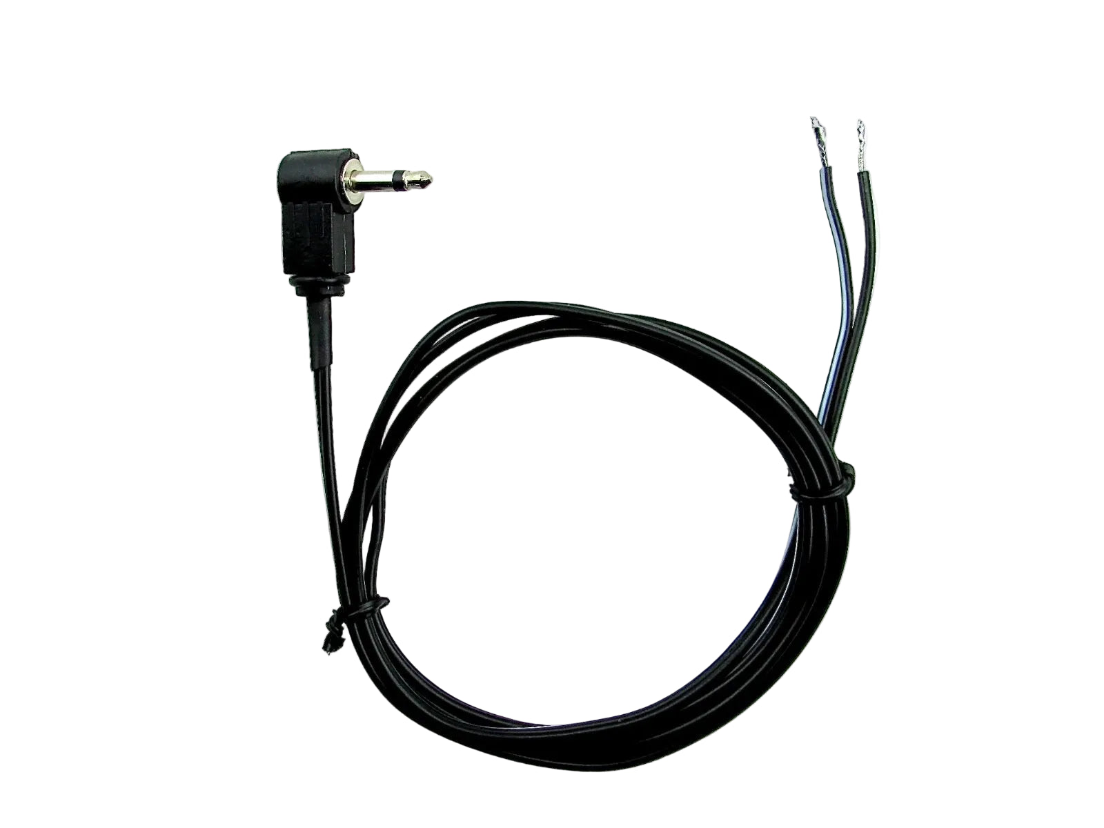 Black 20awg cable with a 90 degree right angle plug on a white background