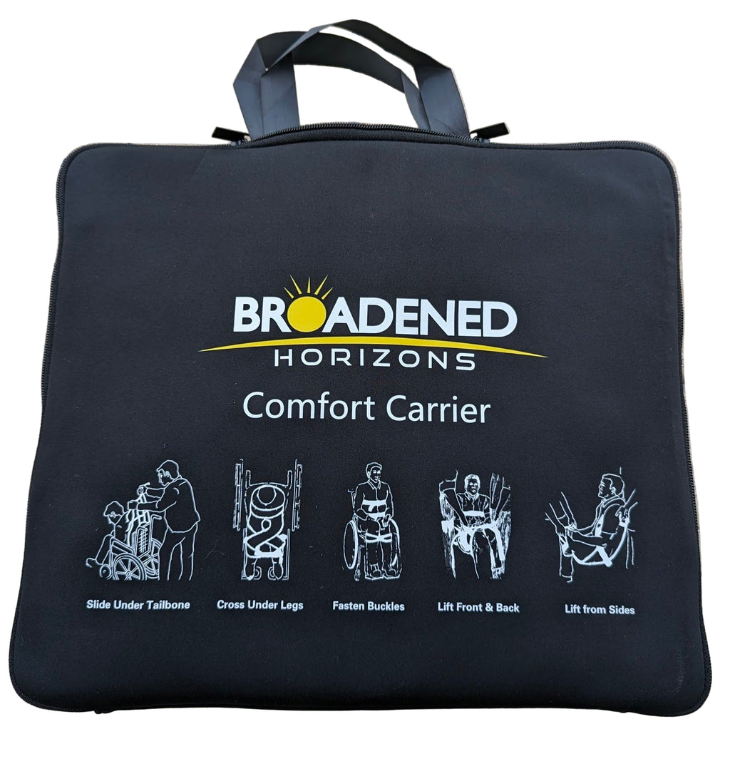 Black comfort carrier tote bag with silkscreen printed instructions