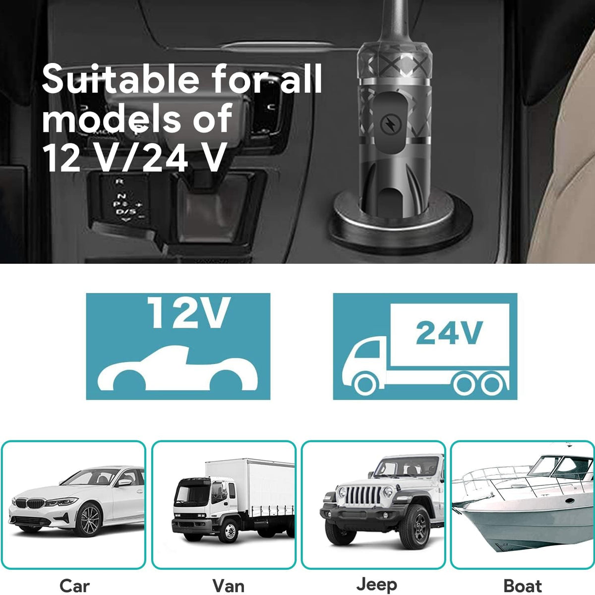 Compatible with all 24V and 12V vehicles Cars, Boats, Heavy Trucks, Excavators and other heavy machinery