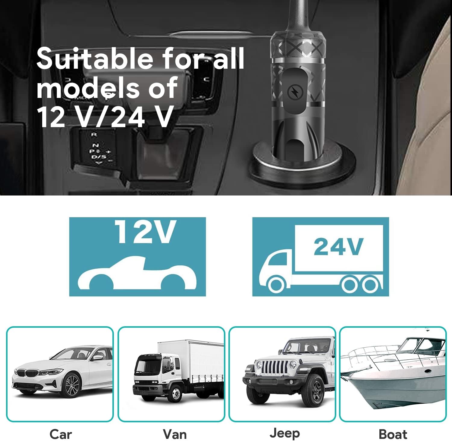 Compatible with all 24V and 12V vehicles Cars, Boats, Heavy Trucks, Excavators and other heavy machinery