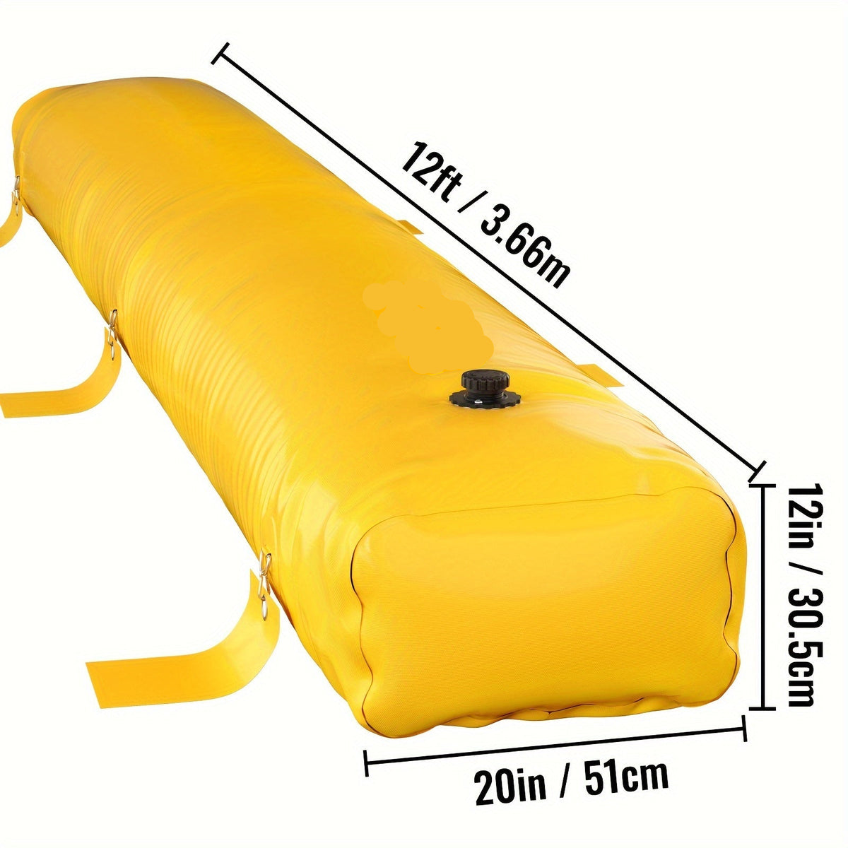 Yellow Flood Bag for Doorway - Fills with water from garden hose - shows Dimensions 12ftx20inx12in