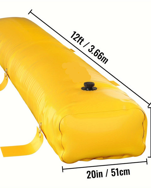Yellow Flood Bag for Doorway - Fills with water from garden hose - shows Dimensions 12ftx20inx12in
