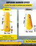 An informational graphic showing two flood barrier bags, one yellow and one orange, with dimensions and details of their use for controlling water on a property.