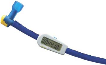 Blue digital timing device with a white display on a white background