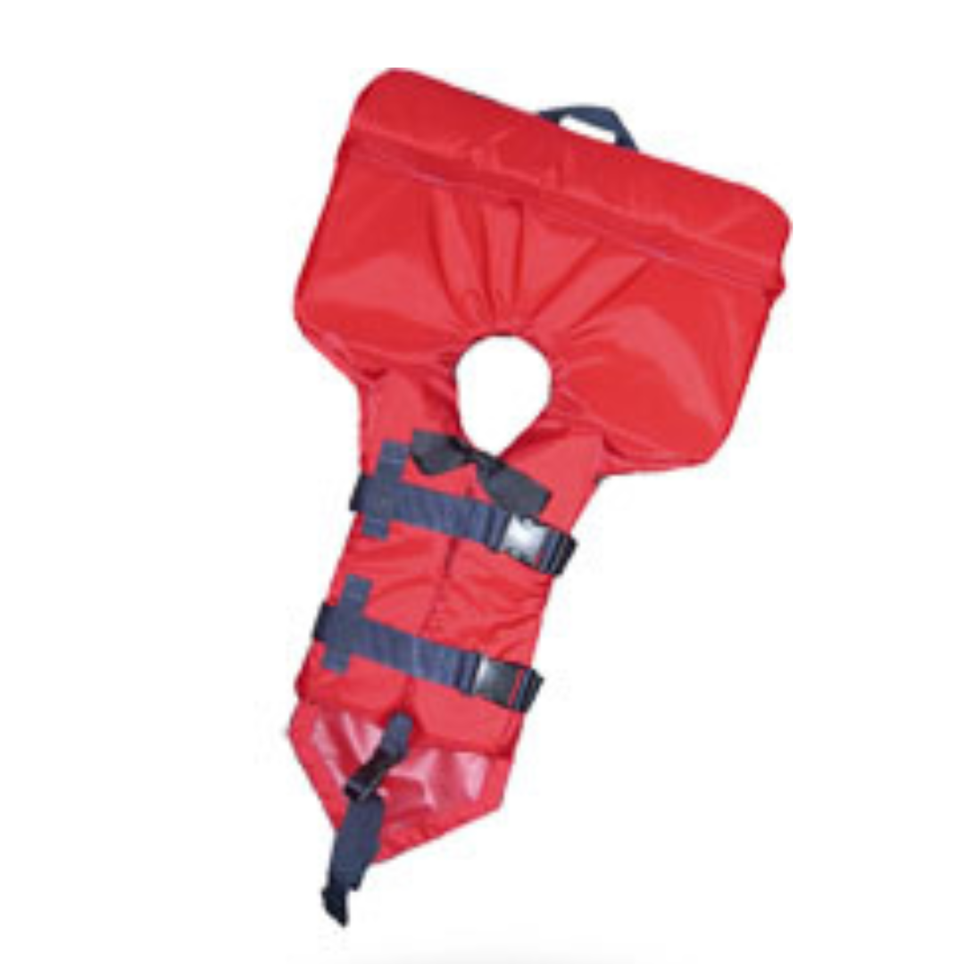 A red adaptive back float life jacket designed for disabled individuals to remain floating on their back, featuring multiple straps and buckles for adjustment.