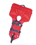 A red adaptive back float life jacket designed for disabled individuals to remain floating on their back, featuring multiple straps and buckles for adjustment.