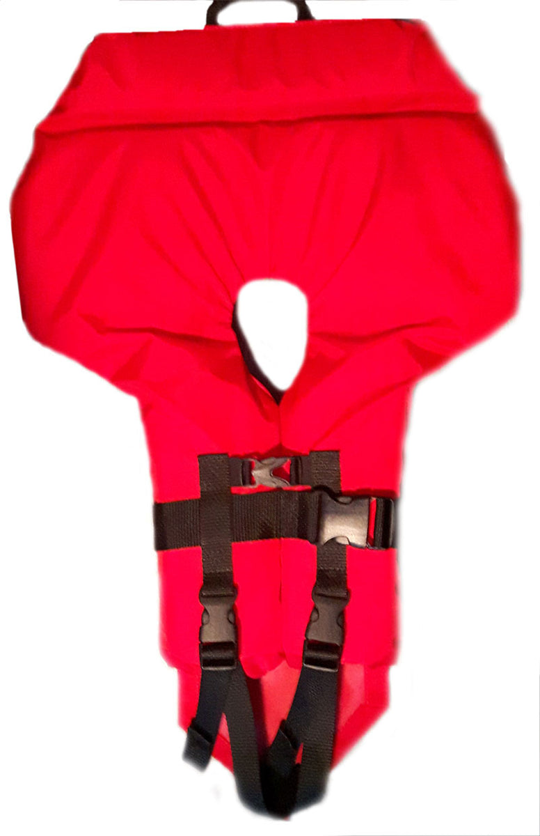 Red life jacket with black straps on a white background
