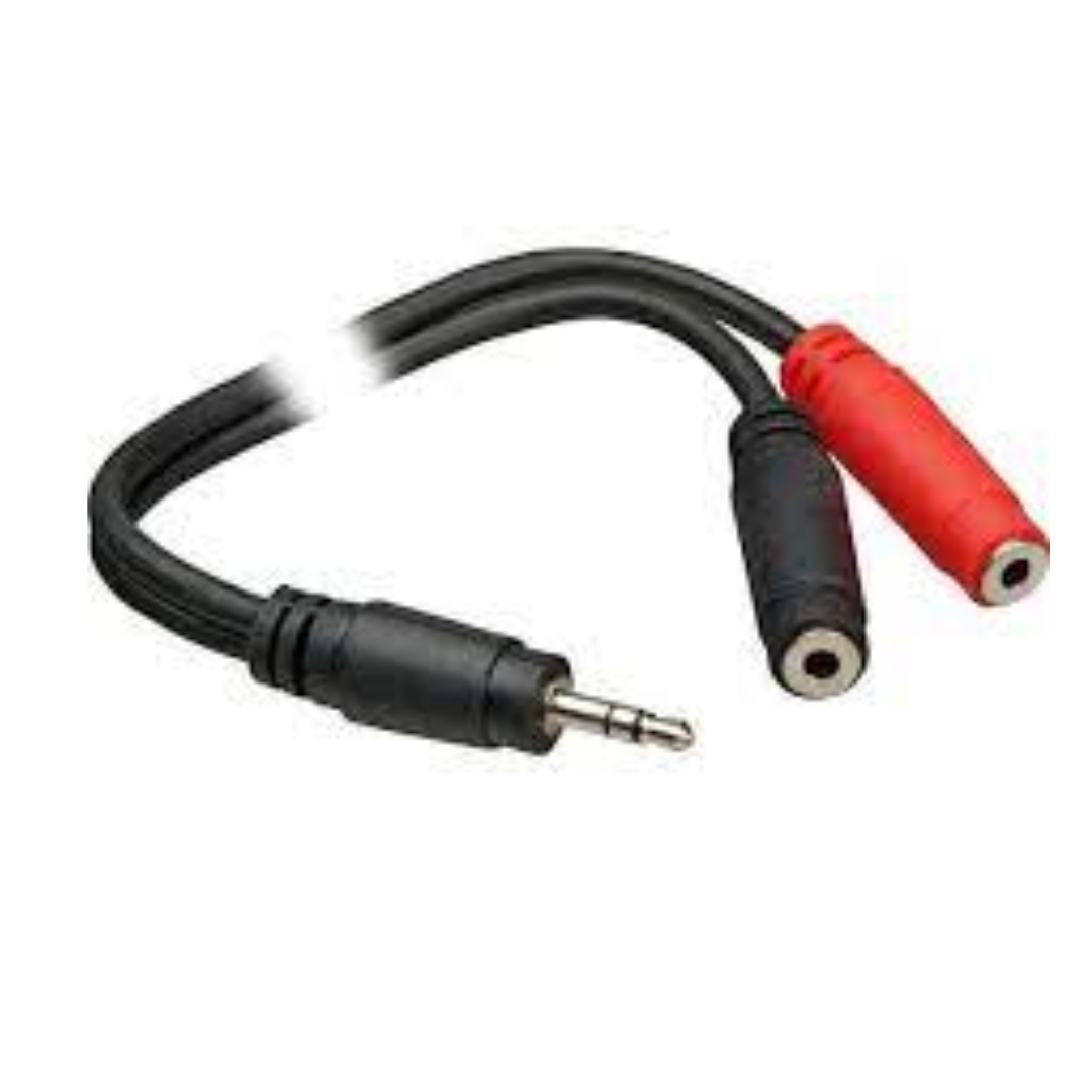 Y Splitter 6" Adapter Wire - 1M2F - One 3.5 mm TRS stereo male plug to two 3.5 mm TSF mono female jacks
