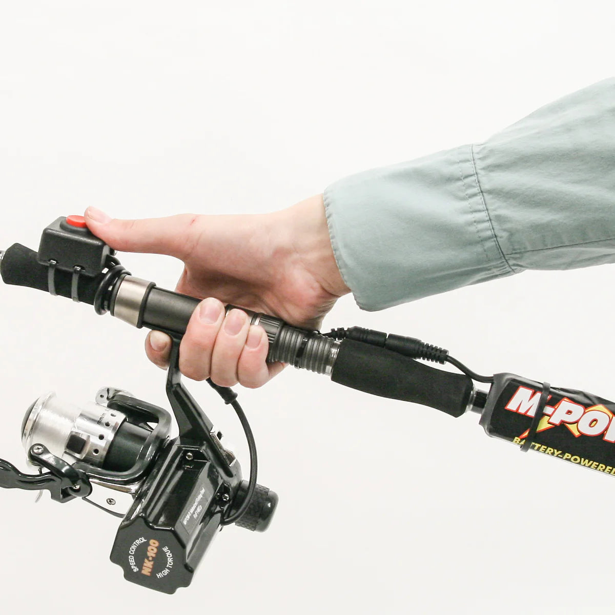 One-Handed Fishing Bundle - Electric Variable-Speed Fishing Reel, Controls, Lithium Battery, Graphite Rod, & Tackle