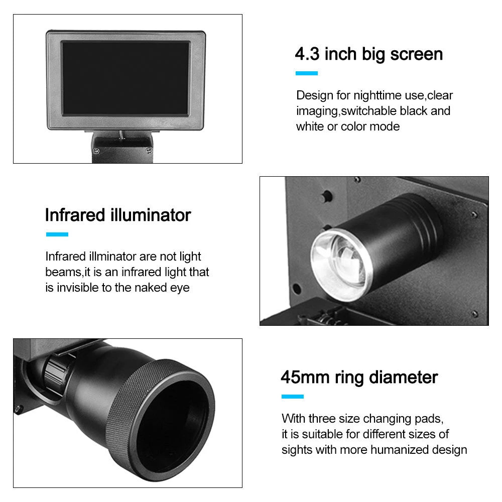 Product features including a 4.3-inch screen, infrared illuminator, and 45mm ring diameter on a white background.
