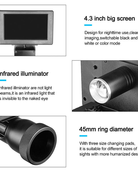 Product features including a 4.3-inch screen, infrared illuminator, and 45mm ring diameter on a white background.