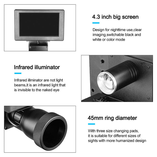 Product features including a 4.3-inch screen, infrared illuminator, and 45mm ring diameter on a white background.