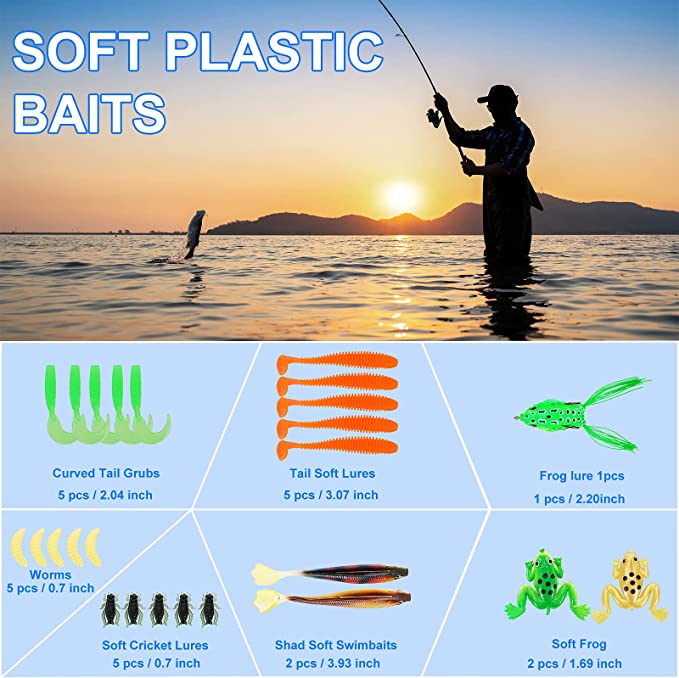 Bass Fishing Kit Large Bass Gear Tackle Box with Tackle Included Crankbait  Lures Spinner Baits Jigs Worms Swimbaits Topwater Frog Lure Fish Hooks Bait