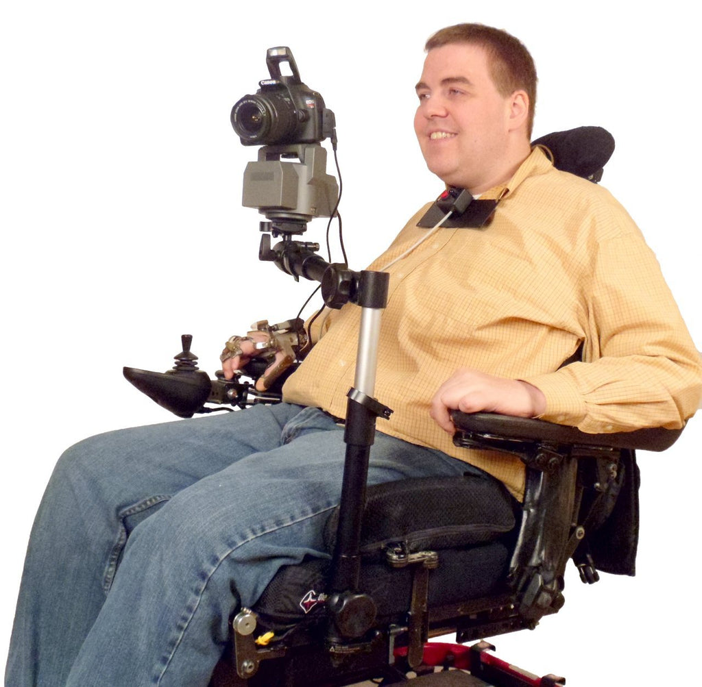 Camera Motorized Pan & Tilt Tripod Head on Robo Arm Wheelchair Mount
