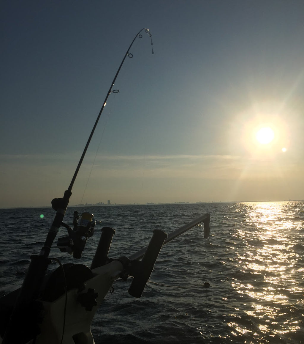 Mpowr Open-face Electric Fishing Reel on Rod at Sunset