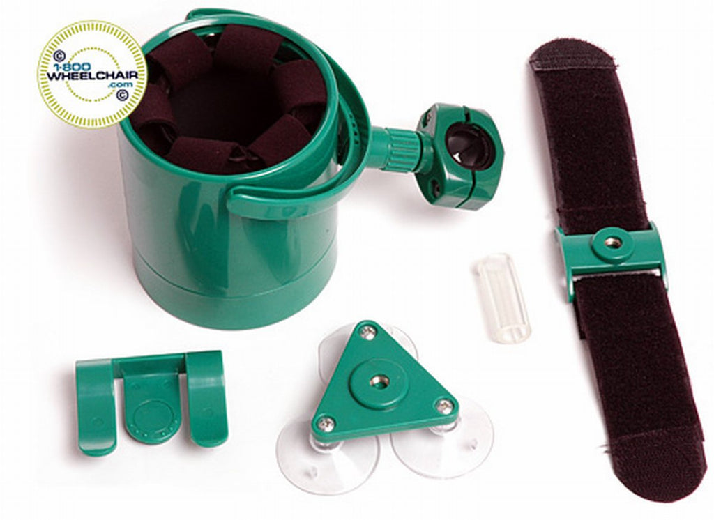 Wheelchair Drink Cup Holder - Swiveling & Expandable - simple velcro strap attachment around any tubing such as on Robo arm mount